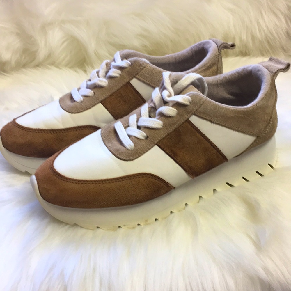Zara White and Brown Suede-Trim Platform Sneakers